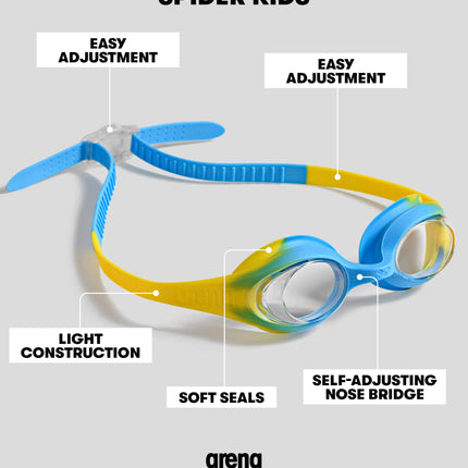 ARENA Spider Kids Swimming Goggles For Children, Pool Goggles With UV Protection, Self-Adjusting Nose Bridge, Hypoallergenic Silicone Seals, Anti-Fog Treatment, 2-5 Years