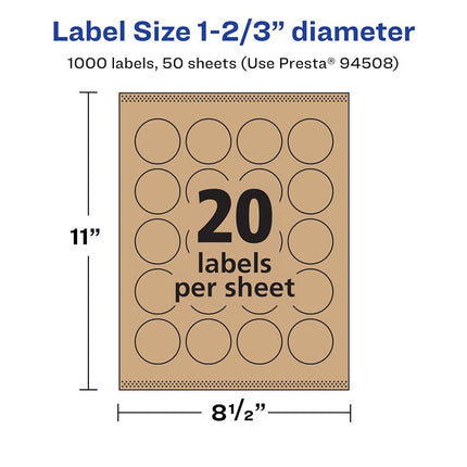 Avery Kraft Brown Round Labels with Sure Feed, 1-2/3" Diameter, 1,000 Kraft Brown Labels, Print-to-The-Edge, Laser/Inkjet Printable Labels