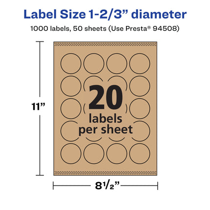 Avery Kraft Brown Round Labels with Sure Feed, 1-2/3" Diameter, 1,000 Kraft Brown Labels, Print-to-The-Edge, Laser/Inkjet Printable Labels