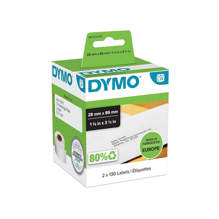 DYMO Authentic LabelWriter Address Labels | 28 mm x 89 mm | Self-Adhesive | Roll of 130 | 2 Pack (260 Easy-Peel Labels) |for LabelWriter Label Makers | Made in Europe