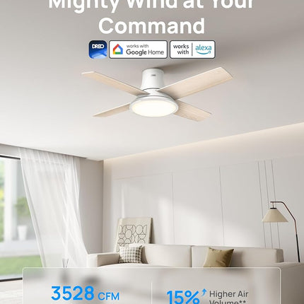 Dreo Ceiling Fans with Lights, 12 Speeds & 3 Fan Modes, Quiet DC Motor, Low Profile Easy to Install, Flush Mount Smart Ceiling Fan with Dimmable LED, 12H Timer for Bedroom, Remote, White, 44''