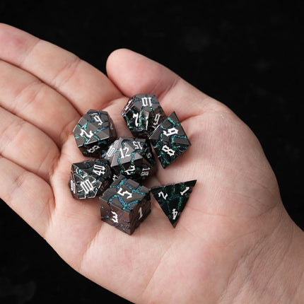 Metal Dice for DND - Ancient Cracked - Black Green Glitter Cracks