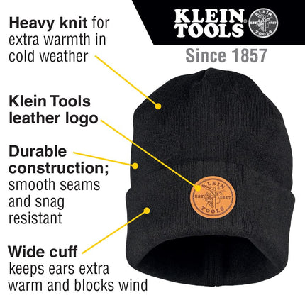 KLEIN TOOLS Heavy Knit Hat with Wide Cuff, Black, One Size Fits Most, Black, One Size