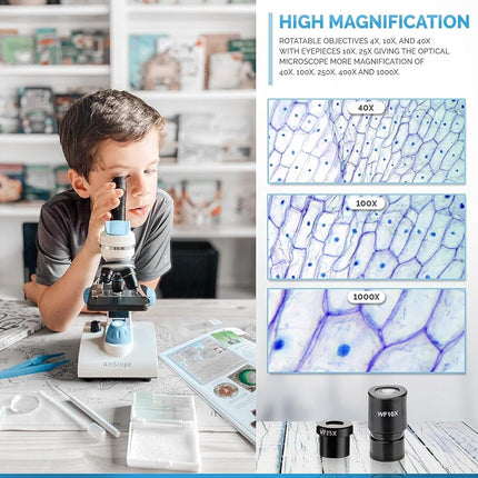 AmScope M162C-2L-PB10-WM"Awarded 2018 Best Students and Kids Microscope Kit" - 40X-1000X Dual Light All Metal Microscope with Slides and Microscope Book, Blue
