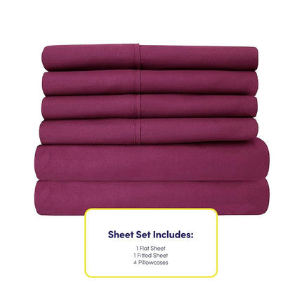 Sweet Home Collection Queen 6 Piece 1500 Supreme Collection Fine Brushed Microfiber Deep Pocket Queen Sheet Set Bedding - 2 Extra Pillow Cases, Berry