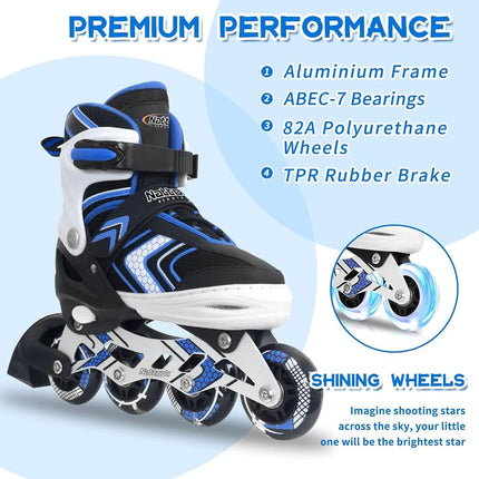 Nattork Inline Skates for Girls and Boys with Full Light up Wheels, Adjustable Beginner Roller Skates for Kids Youth Blue