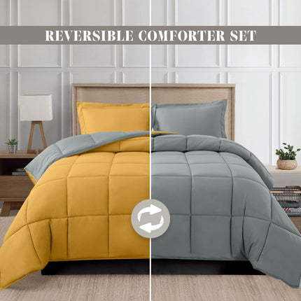 Elegante juego de edredón reversible de 3 piezas de Elegant Comfort, acogedor para todas las estaciones, alternativa suave a la pluma, acolchado – costura de caja – inserto de edredón con 4 pestañas en las esquinas, edredón con fundas, King, amarillo/gris