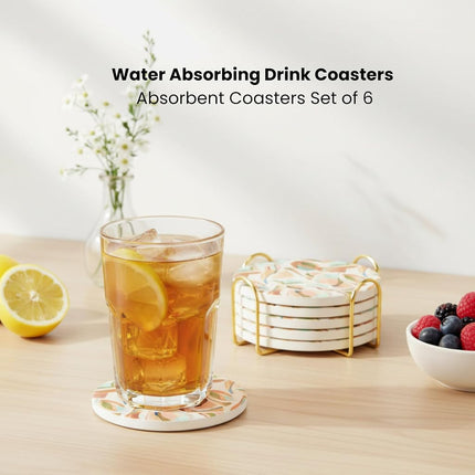 Ceramic Absorbent Coasters Set of 6 with Holder, Marble DrinkCoasters for Coffee Table, Water-Absorbing Stone Coasters (Impressions)