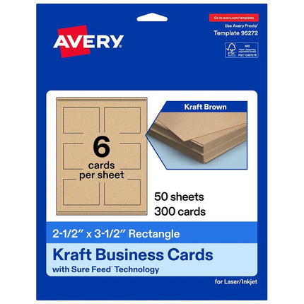 Avery Printable Rectangle Business Cards with Sure Feed Technology, 2.5" x 3.5", Kraft Brown Cardstock, Print-to-the-Edge, Laser/Inkjet Cards, 300 Total