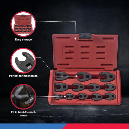 Neiko 03323A 3/8-inch and 1/2-inch drive SAE Crowfoot Wrench set, CR-MO, 12 piece set