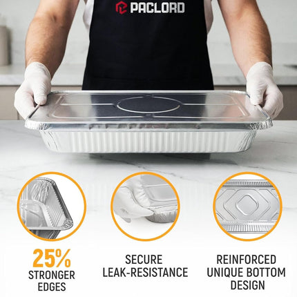 Paclord Aluminum Pans with Lids - 21" x 13" Full Size Foil Pans with Lids, Pack of 25 Pans and 25 Lids, USA-Made Disposable Aluminum Trays for Chafing Racks - Great for Cooking, Heating, Food Storing