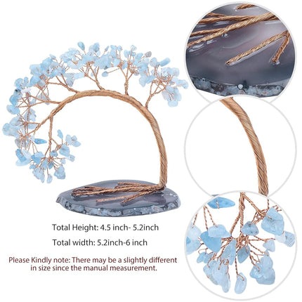 mookaitedecor Natural Aquamarine Crystal Money Tree Agate Slice Base Feng Shui Bonsai Crystal Tree for Wealth Luck Desk Decor, 4.5-5.2 Inch High