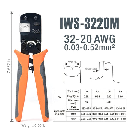 IWISS IWS-3220M Micro Connector Pin Crimping Tool 0.03-0.52mm 32-20AWG Ratcheting Crimper for D-Sub,Open Barrel suits Molex,JST,JAE,TYCO-E