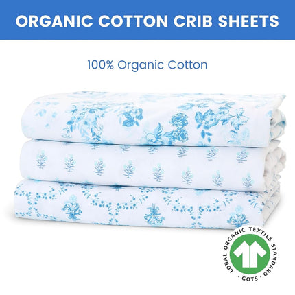 Delta Children Fitted Crib Sheets for Girls and Boys - 100% Organic Cotton Crib Sheet for Standard Crib and Toddler Mattresses - 28x52 Inch - GOTS Certified (Pack of 3), Blue Botanicals