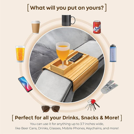 Abizarch Bamboo Sofa Armrest Tray Table - Foldable Couch Cup Holder,Anti-Slip Side Table Armrest Clip Tray, Multifunctional Couch Organizer, Drink Snack Remote Control Holder