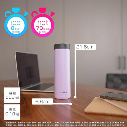 Tiger MMZ-W050VW Tiger Thermos Water Bottle, 16.9 fl oz (500 ml), Screw Mug, Stainless Steel Bottle, Cold Retention, Lightweight, Smooth Mouth, Easy to Clean, BPA Free, Lavender (Purple)