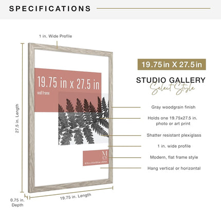 MCS Studio Gallery 19.75x27.5 Poster Frame Grey Woodgrain, Vertical & Horizontal Wall Hanging Large Picture Frame for Photos, Posters & Art Prints (1-Pack)