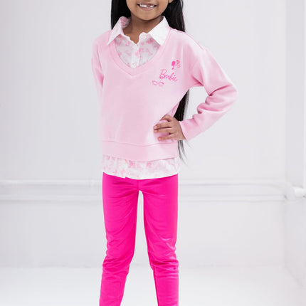 Conjunto de leggings de forro polar con hombros caídos de Barbie 2fer para niñas, tallas 2T - 14-16 años, rosa, 7-8
