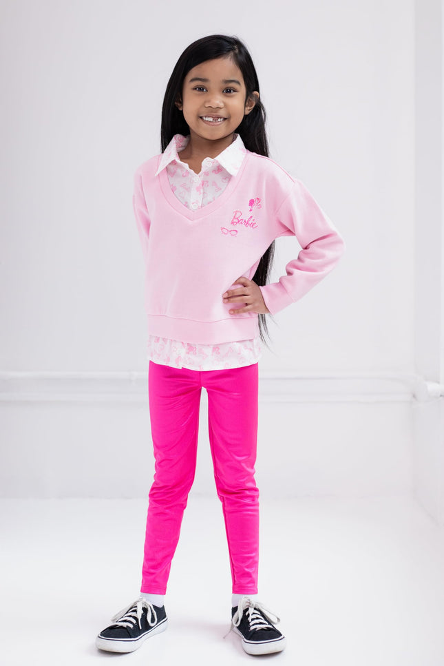 Barbie 2fer Girls Drop Shoulder Fleece Leggings Set Sizes 2T - 14-16 Years, Pink, 5 Years