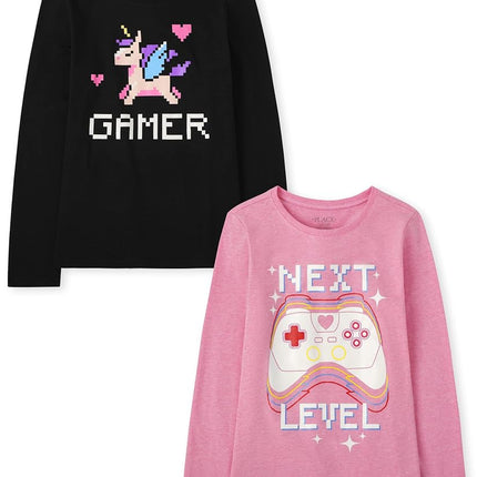 The Children's Place Girls' Assorted Everyday Long Sleeve Graphic T-Shirts, Multipack, Next Level/Gamer, Medium