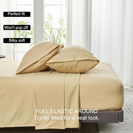 WODFAMY Microfiber Easy Fit Twin Size Bed Sheet Set Extra Soft Deep Pockets Luxury Hotel 3 Piece Set Beige Bed Sheets Twin Sheets