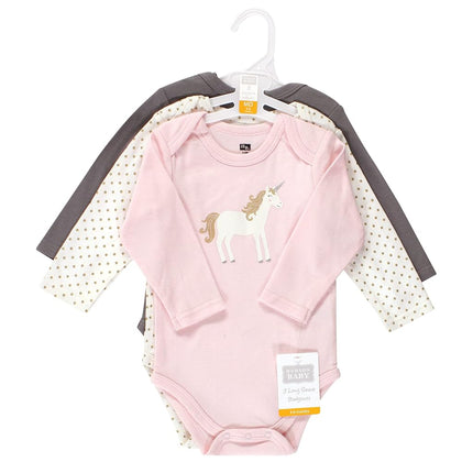 Hudson Baby Baby Girls Cotton Long-sleeve Bodysuits 3-pack, Gold Unicorn, 12-18 Months