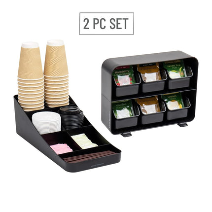 Mind Reader Tea Storage, Cup and Condiment Station, Set of 2, Countertop Organizer, Kitchen, 7.25" L x 15.5" W x 5.25" H, Black