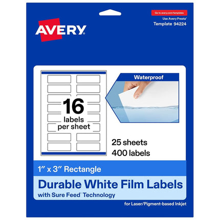 Avery Durable Waterproof Rectangle Labels with Sure Feed, 1" x 3", 400 Oil and Tear-Resistant Waterproof Labels, Print-to-The-Edge, Laser/Pigment-Based Inkjet Printable Labels