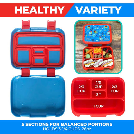 kinsho Bento Lunch Box for Kids Toddlers Boys, 5 Portion Sections Secure Lid, Microwave Safe BPA Free Removable Tray, Pre-School Kid Daycare Lunches Snack Container Ages 3 to 5, Blue Pirates