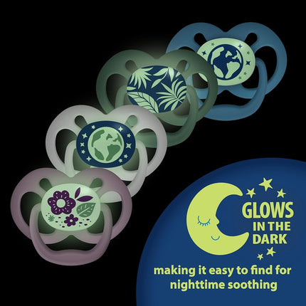 Dr. Brown's Advantage Glow-in-The-Dark Baby Pacifier, Fully Symmetrical Soother with Soft Silicone Bulb, Purple Nature, 6-18m, BPA Free, 2 Pack