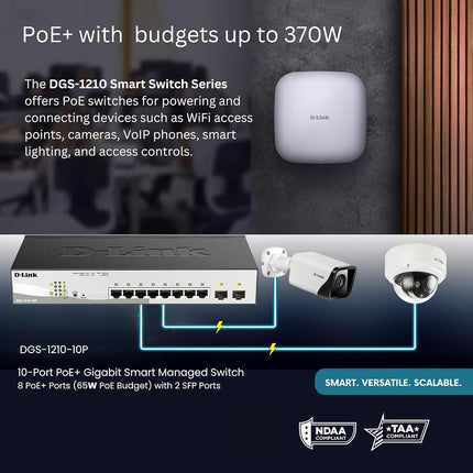 D-Link DGS-1210-10P 10-Port Smart Managed Gigabit PoE Switch, 8 x 10/100/1000BASE-T PoE, 2 x 100/1000 Mbps SFP Black, Power Budget 65 W
