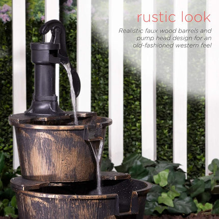 Alpine Corporation 27" Tall Outdoor Rustic 2-Tier Barrel and Pump Water Fountain with LED Lights – Garden, Patio, or Yard Decor, Bronze