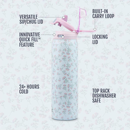 Ello Pop & Fill 32oz Stainless Steel Water Bottle with QuickFill Technology, Double Walled and Vacuum Insulated Metal, Leak Proof Locking Lid, Straw and Chug, Reusable, BPA Free, Serene Bloom