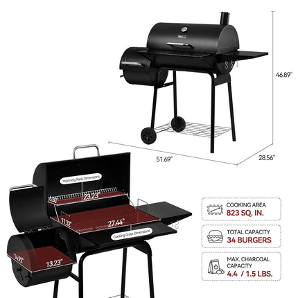 Royal Gourmet BBQ Charcoal Grill and Offset Smoker, 30'' L, 800 Square Inch, Outdoor for Camping, Black