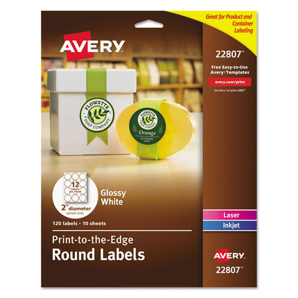 Avery 2" Glossy White Round Labels, Sure Feed, Ful