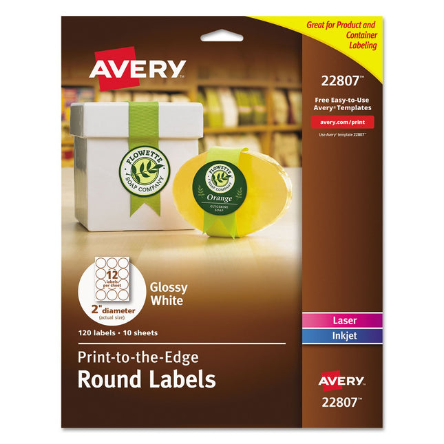 Avery 2" Glossy White Round Labels, Sure Feed, Ful
