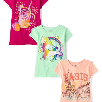 The Children's Place Girls' Unicorn Short Sleeve Graphic T-Shirts,multipacks, Unicorn Rainbow/Lemonade/Paris 3-Pack, Small