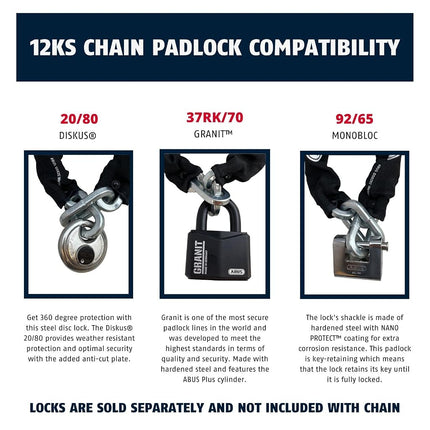ABUS Hardened Steel 12KS 2 Foot 1/2" Thick Square Security Chain for Bikes, Containers, Trailers, ATV's, Motorcycles and Personal/Industrial Property