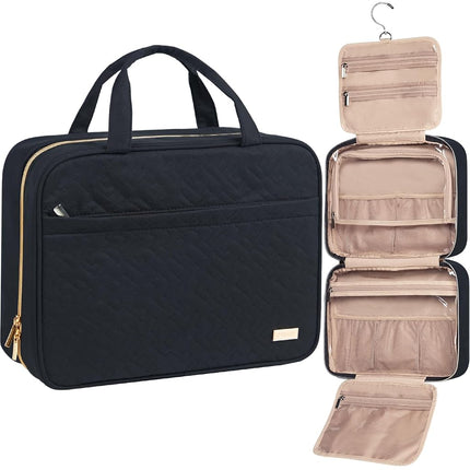 NISHEL Travel Toiletry Bag for Women, Portable Hanging Organizer for Full-Sized Shampoo, Conditioner, Brushes Set, Makeup Accessories, Large Size, Black