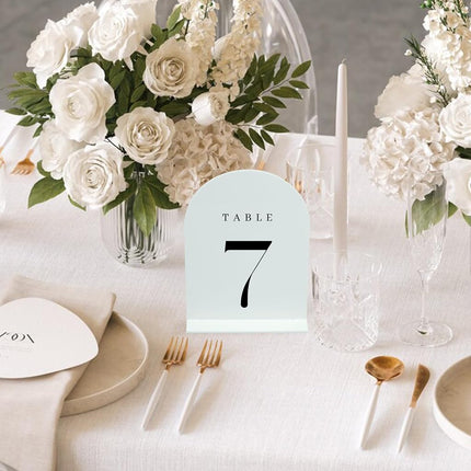 JINMURY White Arch Acrylic Table Numbers 1-15 with Stand, 5x7" White Arch Acrylic Sign and Holder Wedding Table Numbers for Reception, Centerpiece, Event (White Table Numbers 1-15, 5x7 Inch)