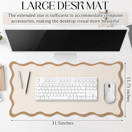 Hahafelt Scalloped Desk Mat Large Scalloped Piping Cute Desk Mat Aesthetic Preppy Table Pad Large Nonslip Pad with Edge Stitching Waterproof Gaming(Beige,31.5 x 15.75 Inches)