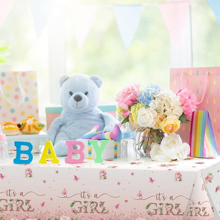 3 Pack Floral Baby Shower Tablecloth Decorations, It's a Girl Baby Shower Decorations, Pink Flower Gender Reveal Decorations for Girl, Plastic Disposable Baby Girls Table Cloth Party Decorations
