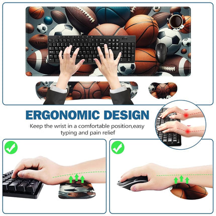 ToLuLu Extended Gaming Mouse Pad, Memory Foam Ergonomic Keyboard Mouse Wrist Rest Support Set, Large Desk Mat with Stitched Edges, Non-Slip Base Mousepad for Home Office Game, Blue Marble