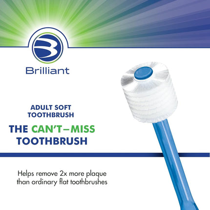 Brilliant Soft Toothbrush for Adults - With Over 14,000 360 Degree Micro-Fine, Rounded-Tip Bristles for Easy & Effective Cleaning, Blue-Clear, 2 Count