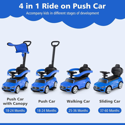 Licensed Mercedes Benz Push Car for Toddlers by INFANS, 3 in 1 Sliding Walking Car with Push Handle, Horn, Music, Underneath Storage, Foot-to-Floor Ride on Toys for Boys Girls (Blue)