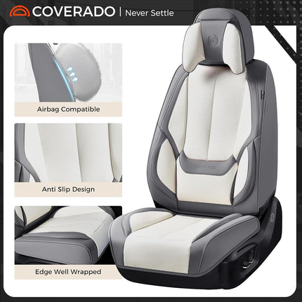 Coverado Seat Covers, Car Seat Covers Front Seats, Car Seat Cover, Car Seat Protector Waterproof, Seat Cushion Nappa Leather with Head Pillow, Carseat Cover Universal Fit for Most Cars (Gray&White)