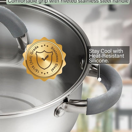 Cook N Home Cookware Basic Pots and Pans, 12 Piece Set, Stainless Steel Grey Silicone Handle