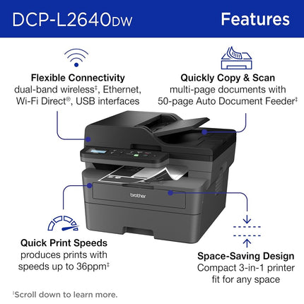 Brother DCP-L2640DW Wireless Compact Monochrome Multi-Function Laser Printer with Copy and Scan, Duplex, Mobile, Black & White | Includes Refresh Subscription Trial(1), Works with Alexa
