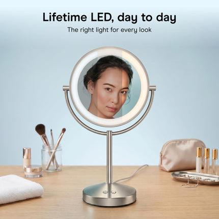 Conair Lighted Makeup Mirror, Double-Sided LED Vanity Mirror with 1X/10X Magnification, 3 Light Settings, 3 Modes, 360� Rotation, Satin Nickel Finish