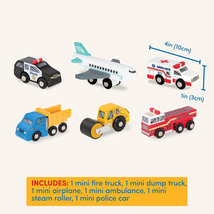 Battat Wooden Toy Cars, 6 Mini Rescue and Construction Vehicles, Set 2